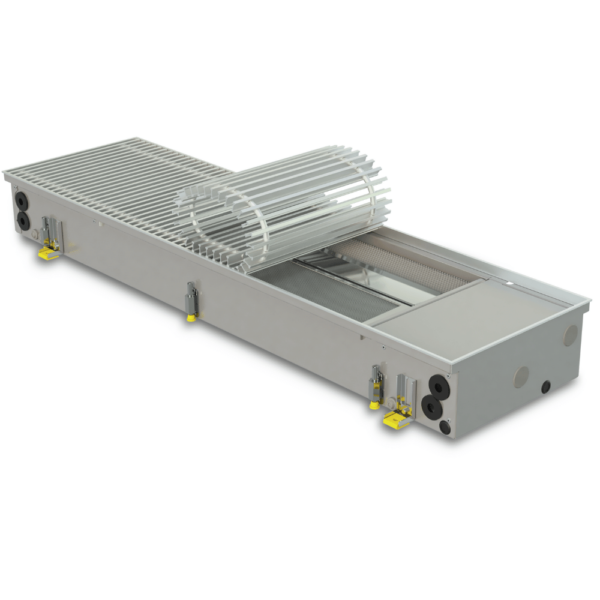 Trench fan coil with fan for heating and cooling